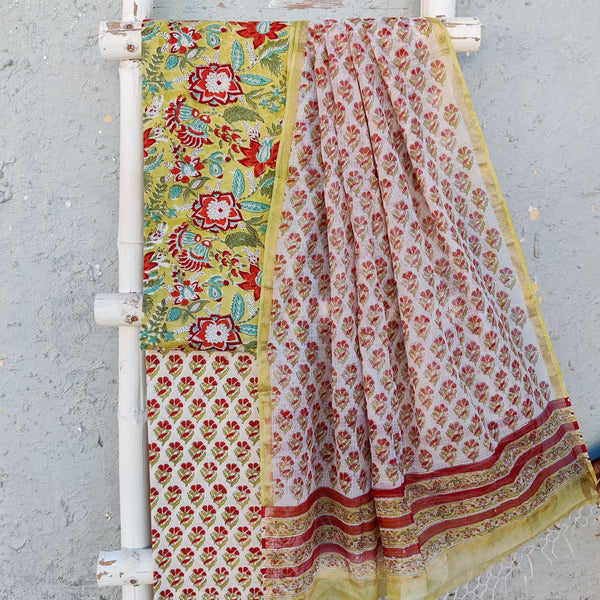 ROZANA-Pure Cotton Light Green With Orange And Red Wild Flower Top And White With Orange Flower Motifs Bottom And Kota Dupatta