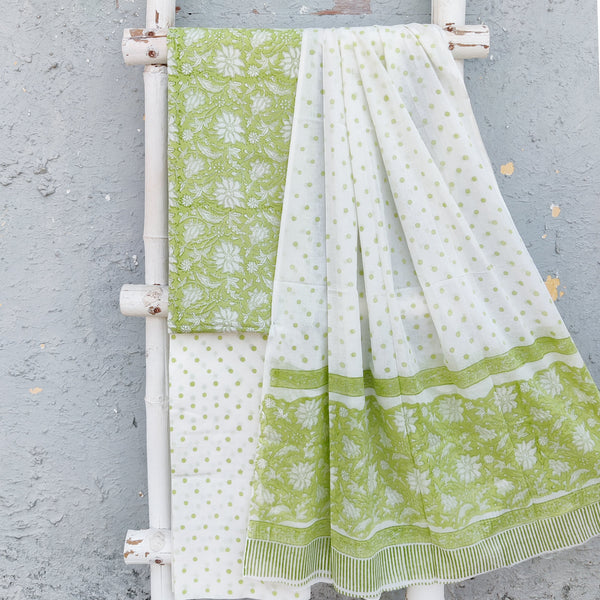 ROZANA-Pure Cotton Light Green With White Flower Jaal Top And White With Green Bottom And Cottom Dupatta