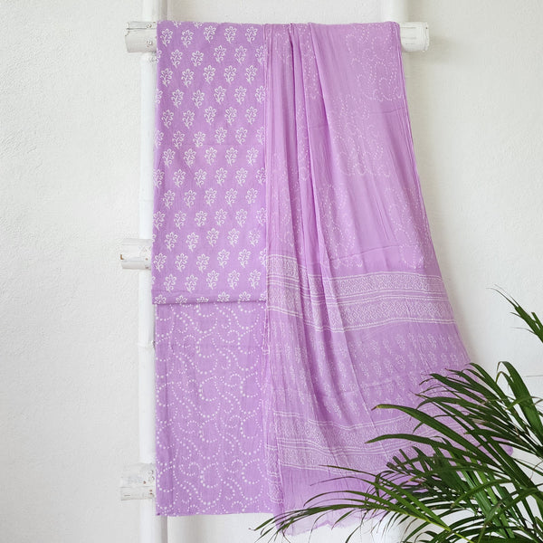 ROZANA-Pure Cotton Light Purple With White Flower Motif Top And  Light Purple Bottom And  Chiffon Dupatta