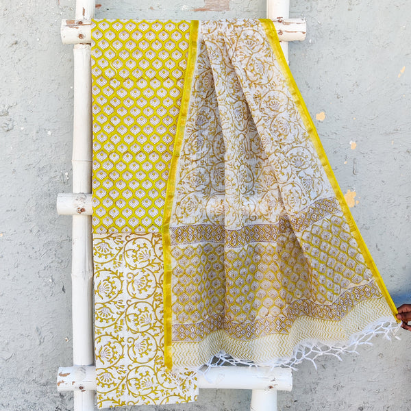 ROZANA-Pure Cotton Lime Yellow With White Shell Motifs Top And White With Yellow  Bottom And Kota Dupatta