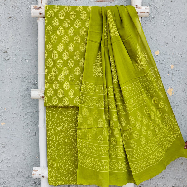 ROZANA-Pure Cotton Mahindi Green With Yellow Leafs Design Top And Green With Yellow Intricate Design Bottom And Cottom Dupatta