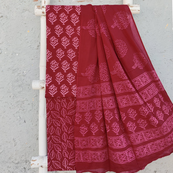 ROZANA-Pure Cotton Maroon Flower Motifs  Top With Maroon Bottom And Cotton Dupatta