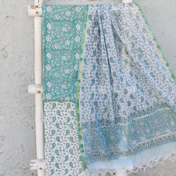 ROZANA-Pure Cotton Mint Green With White Flower Jaal Top And White With Mint Green Kairi Motifs Bottom And Kota Dupatta