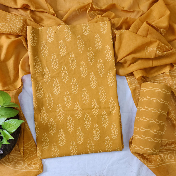 ROZANA-Pure Cotton Mustard Flower Motif Top And Pure Cotton Bottom Mustard And Cotton Dupatta Suit