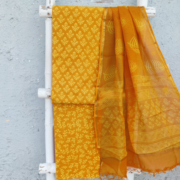 ROZANA-Pure Cotton Mustard Intricate Flower Motif Top Mustard Top And Kota Dupatta