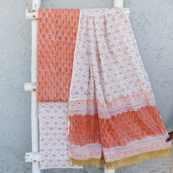 ROZANA-Pure Cotton Orange With Light Green Flower Motifs Top And White With Light Brown Cotton Dupatta