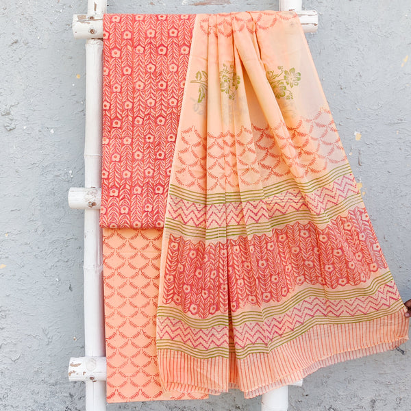 ROZANA-Pure Cotton Orange With Light Orange Flower Creeper Top And Light Orange Bottom And Cotton  Dupatta