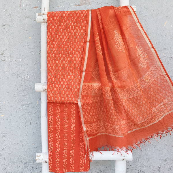 ROZANA-Pure Cotton Orange With Self Intricate Design Top Orange Bottom And Kota Dupatta