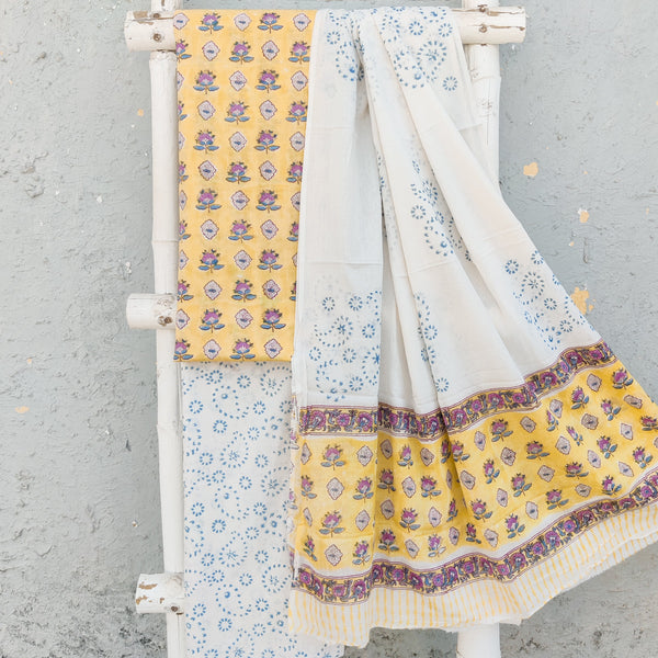 ROZANA-Pure Cotton Pastel Yellow With Alterations  Flower Motif Top  With White Bottom And Cotton Dupatta