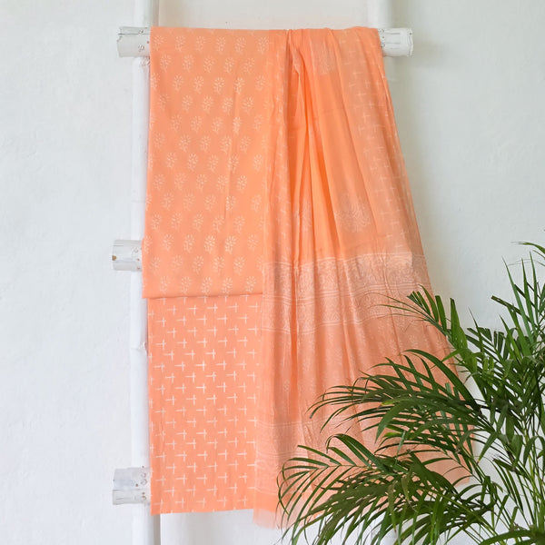 ROZANA-Pure Cotton Peach With White Flower Motif Top And Peach With White Plus Bottom And  Chiffon Dupatta