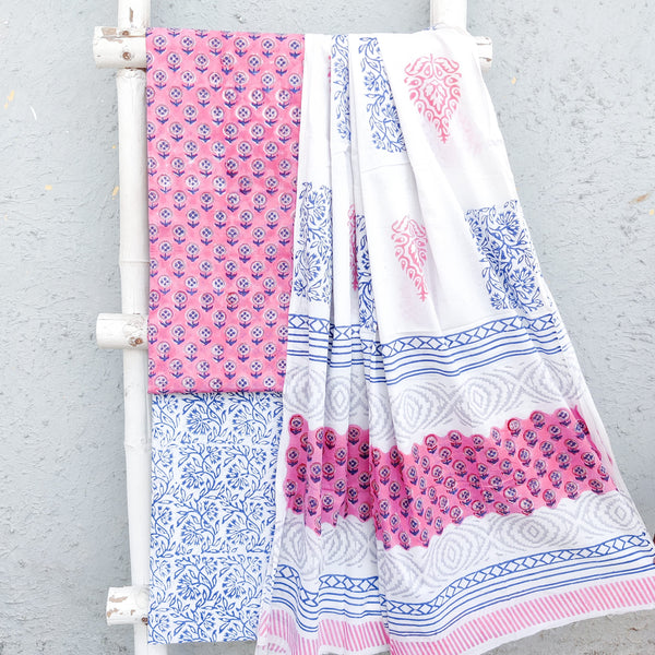 ROZANA-Pure Cotton Pink Flower Buds Motif Top And White With Blue Bottom And Cotton Dupatta