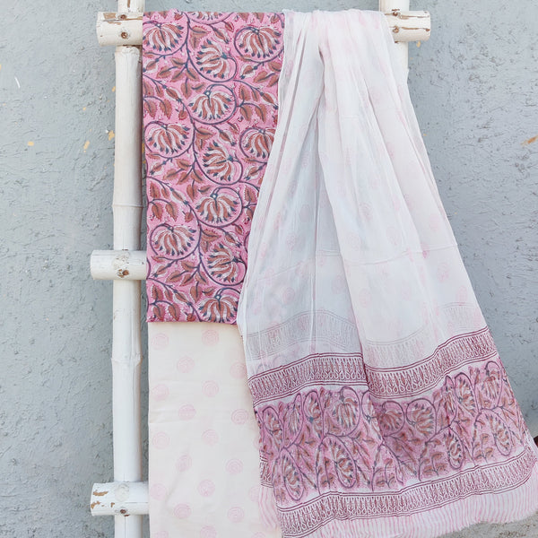 ROZANA-Pure Cotton Pink With Light Brown Lotus Jaal Top With White Bottom Cotton Dupatta