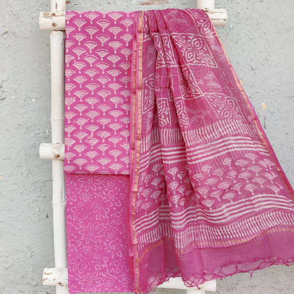 ROZANA-Pure Cotton Pink With Off White Bell Motifs Top And Pink Bottom And Kota Dupatta