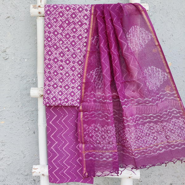 ROZANA-Pure Cotton Purple With Off White Intricate Design Top With Purple Bottom And Kota Dupatta