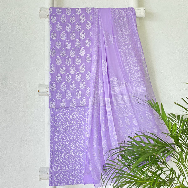 ROZANA-Pure Cotton Purple With White Flower Motif Top And Purple Bottom And  Chiffon Dupatta