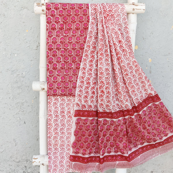 ROZANA-Pure Cotton Red And Peach Flower Motifs Top  With White Bottom And Cotton Dupatta