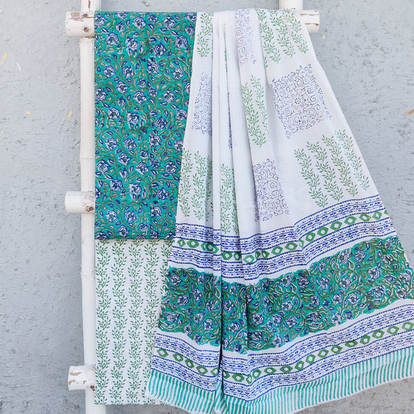 ROZANA-Pure Cotton Teal Green With Blue Flower Jaal Top And White With Green Bottom And Cotton Dupatta