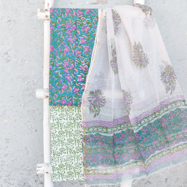 ROZANA-Pure Cotton Teal Green With Purple Flower Jaal Top And White And Green Bottom With Kota Dupatta