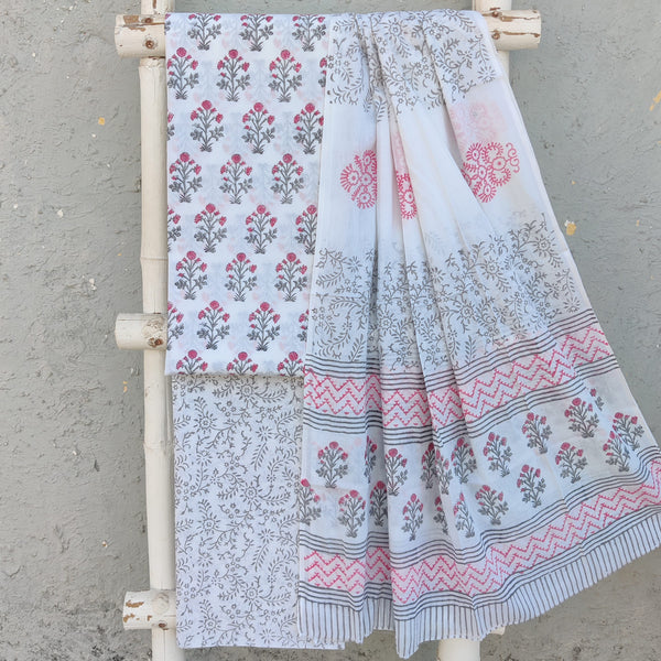 ROZANA-Pure Cotton White And Pink And Grey Flower Motifs Top With White Bottom And Cotton Dupatta