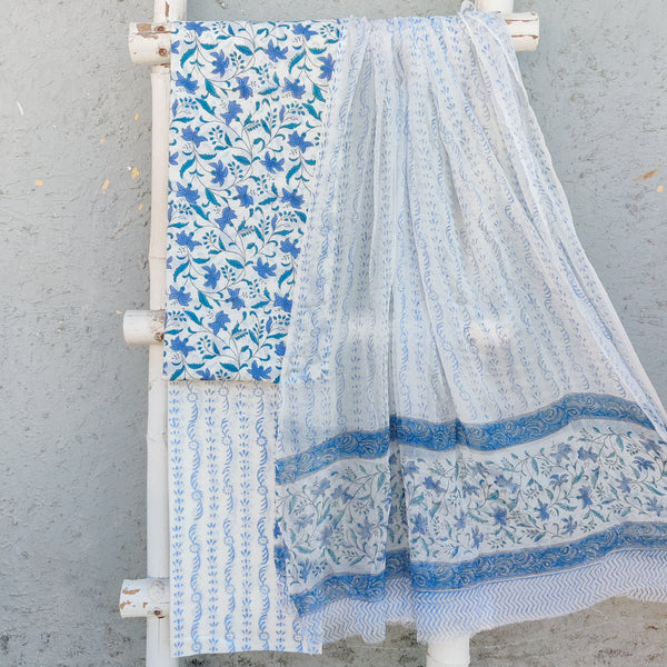 ROZANA-Pure Cotton White With Blue Flower Jaal Top With White  Bottom And  Chiffion Dupatta