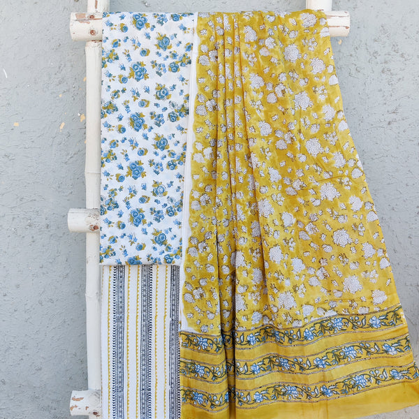 ROZANA-Pure Cotton White With Blue Rose  Top With White And Black Border  Bottom And Mustard Flower  Cotton Dupatta