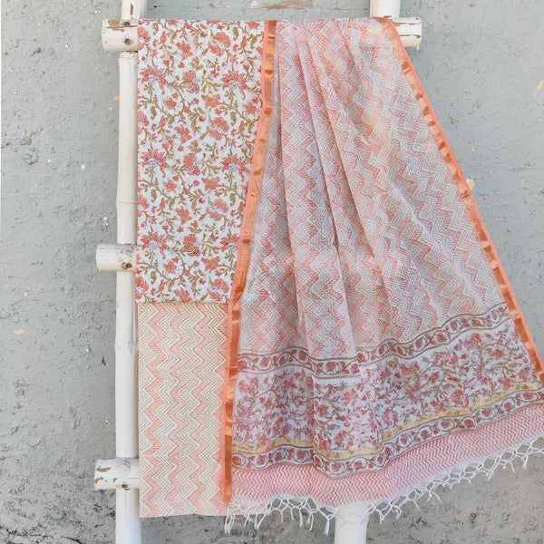 ROZANA-Pure Cotton White With Peach Flower Jaal Top And White With Green And Peach Bottom And Kota Dupatta