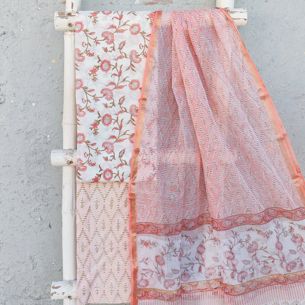 ROZANA-Pure Cotton White With Peach Flower Jaal Top And White With Green And Peach Zig-Zag  Bottom And Kota Dupatta