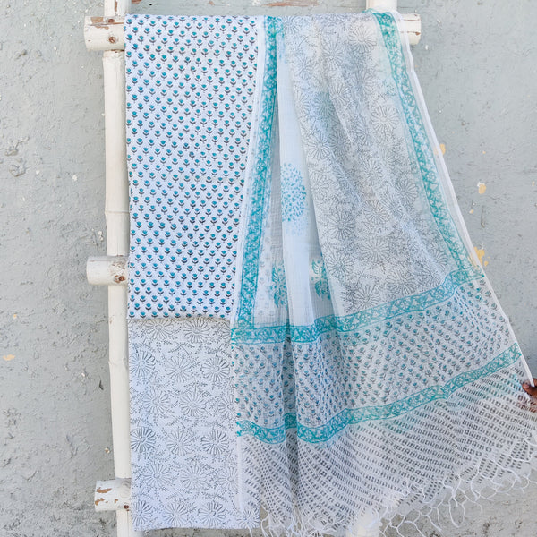 ROZANA-Pure Cotton White With Tiny Blue Flower Motifs Top And White With Grey Flower Jaal Bottom And Kota Dupatta