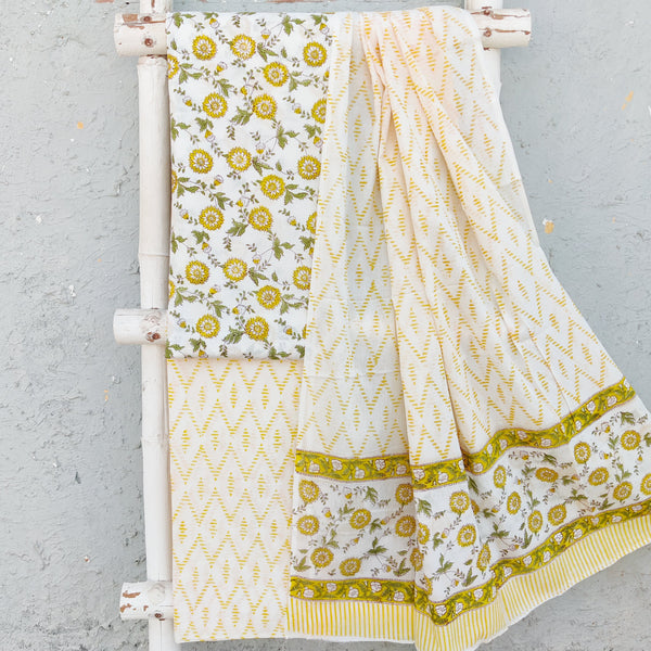 ROZANA-Pure Cotton White With Yellow Dahila Flower Jaal Top With White Bottom And Cotton Dupatta