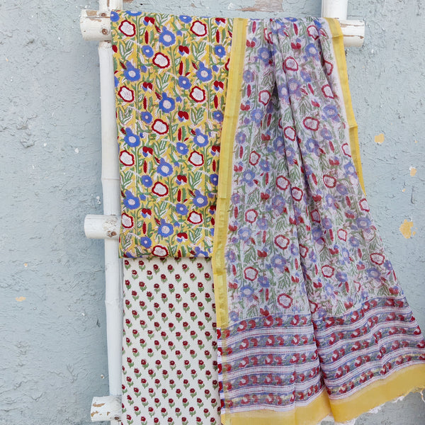 ROZANA-Pure Cotton Yellow And Red And Blue Flower Creeper Top And White And Red Flower Motifs  Bottom And Kota Dupatta