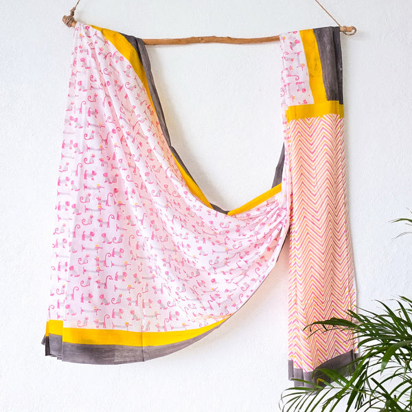 ROZANA-Pure Cotton Yellow Border With Pink Saree