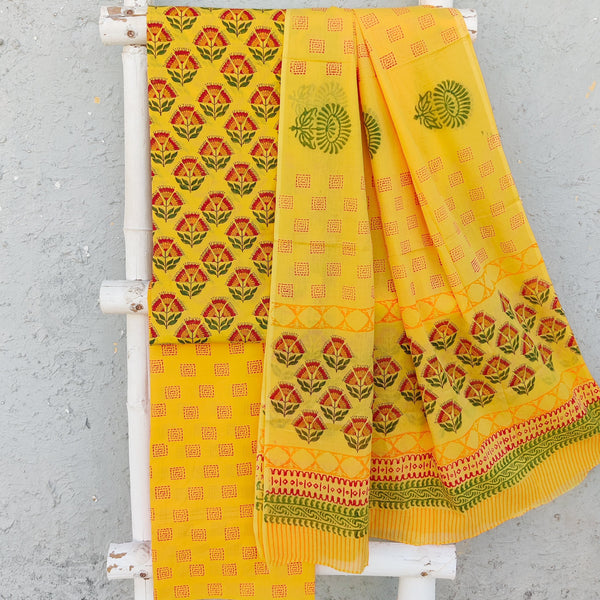 ROZANA-Pure Cotton Yellow Flower Motifs Top With Yellow Bottom And Cotton Dupatta