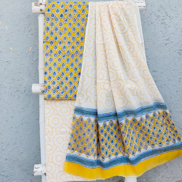 ROZANA-Pure Cotton Yellow With Blue Leave Motif Top White With Yellow Bottom With Cotton Dupatta