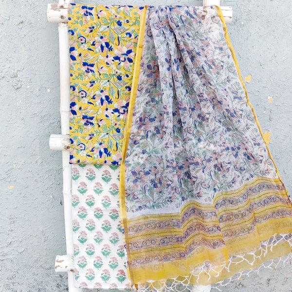 ROZANA-Pure Cotton Yellow With Navy Blue With Peach Flower Jaal Top And White With Flower Motifs Bottom And Kota Dupatta