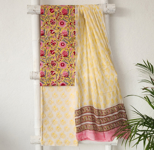 ROZANA-Pure Cotton Yellow With Pink Flower Jaal Design Suit