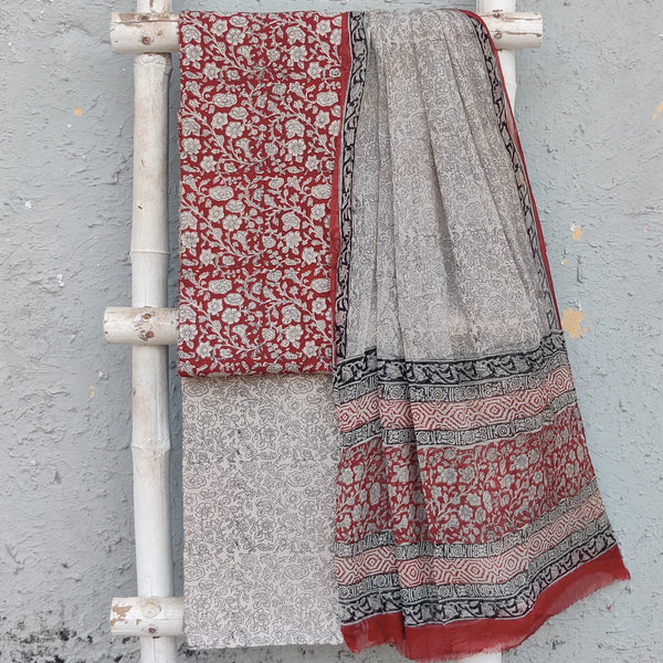 ROZANA- Soft Modal Cotton Bagru Maroon Intricate Design Top And Off White And Black Intricate Design Bottom And Chiffon  Dupatta