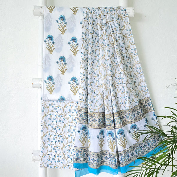 ROZANA-Pure Cotton White With Blue Flower Motif Top And White With Blue Flower Jaal Bottom And Cotton Dupatta