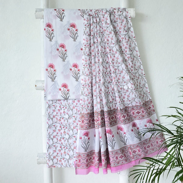 ROZANA-Pure Cotton White With Pink Flower Motif Top And White With Pink Flower Jaal Bottom And Cotton Dupatta