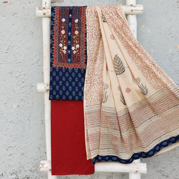 RUHI-Pure Cotton  Ajrak Blue With Intricate Design Yoke Top And Red Plain Bottom And Cotton Dupatta