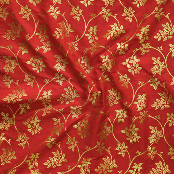 Red With Golden Zari Flower Jaal Brocade Woven Fabric