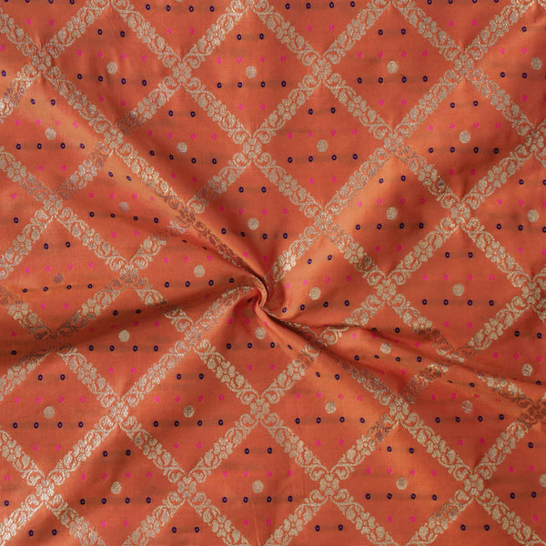 Pre-cut 1.80 meter Pink Brocade With Orange And Gold Patola Woven Fabric