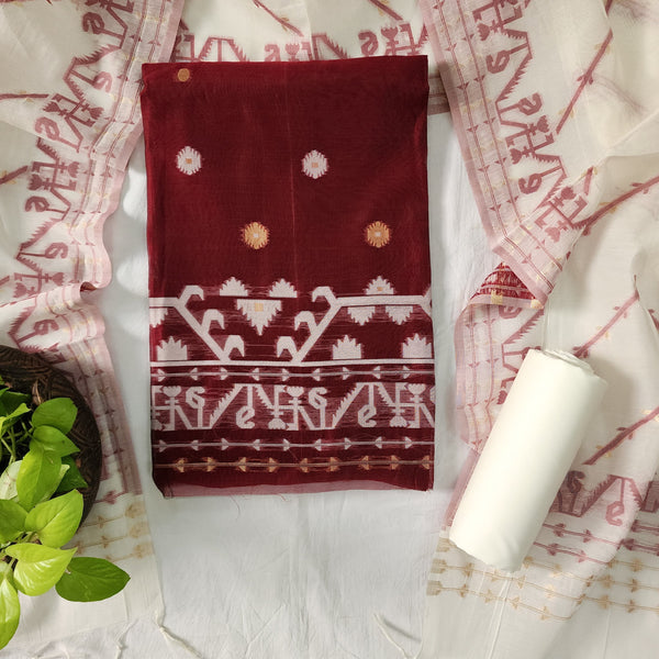 SACHIKA-Chanderi Jamdani  Maroon With White And Golden Zari Work And White Pure Cotton Plain Bottom And Chanderi Dupatta