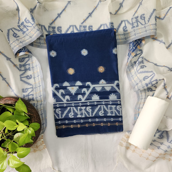 SACHIKA-Chanderi Jamdani  Navy Blue With White And Golden Zari Work And White Pure Cotton Plain Bottom And Chanderi Dupatta