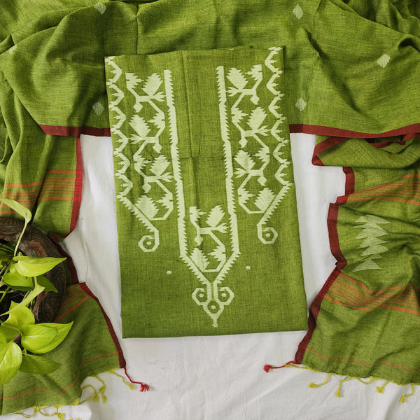 SACHIKA-Pure Cotton Jamdani Green Top And Dupatta