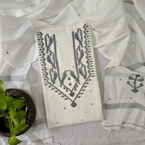 SACHIKA-Pure Cotton Jamdani White With Grey Top And Dupatta