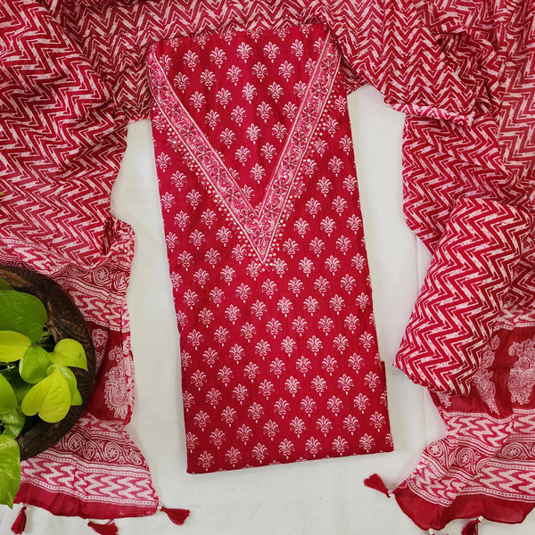 SAILEE- Cotton Pink With V Work Top And Cotton Pink With White Intricate Design  Bottom And Cotton Dupatta