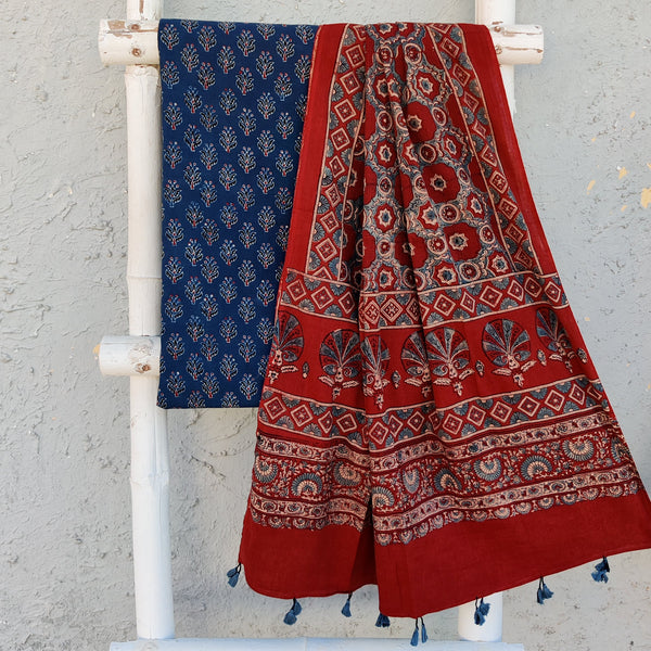 SAILEE-Pure Cotton Ajrak Blue Flower Motifs Top And Rust Dupatta