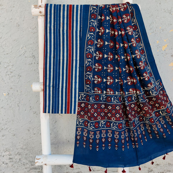 SAILEE-Pure Cotton Ajrak Blue With Rust And Cream Stripes Top With Blue And Rust Dupatta