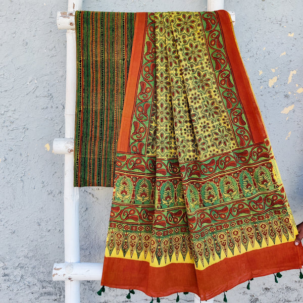 SAILEE-Pure Cotton Ajrak Green With Black Small Check All Over Top Brown Rust With Mustard And Green Dupatta