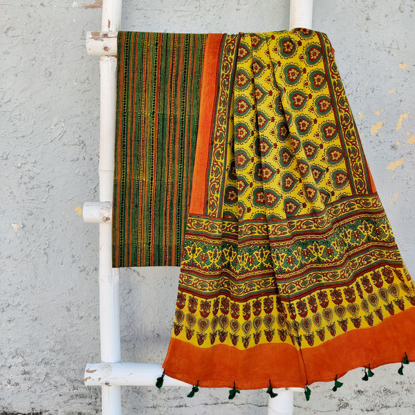 SAILEE-Pure Cotton Ajrak Green With Black Small Checks Top With Green And Mustard Dupatta